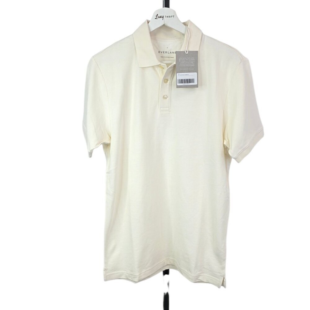 Everlane Men's Cotton Pique Polo Shirt, Cream, Collared, Good Earth Cotton, Sz M